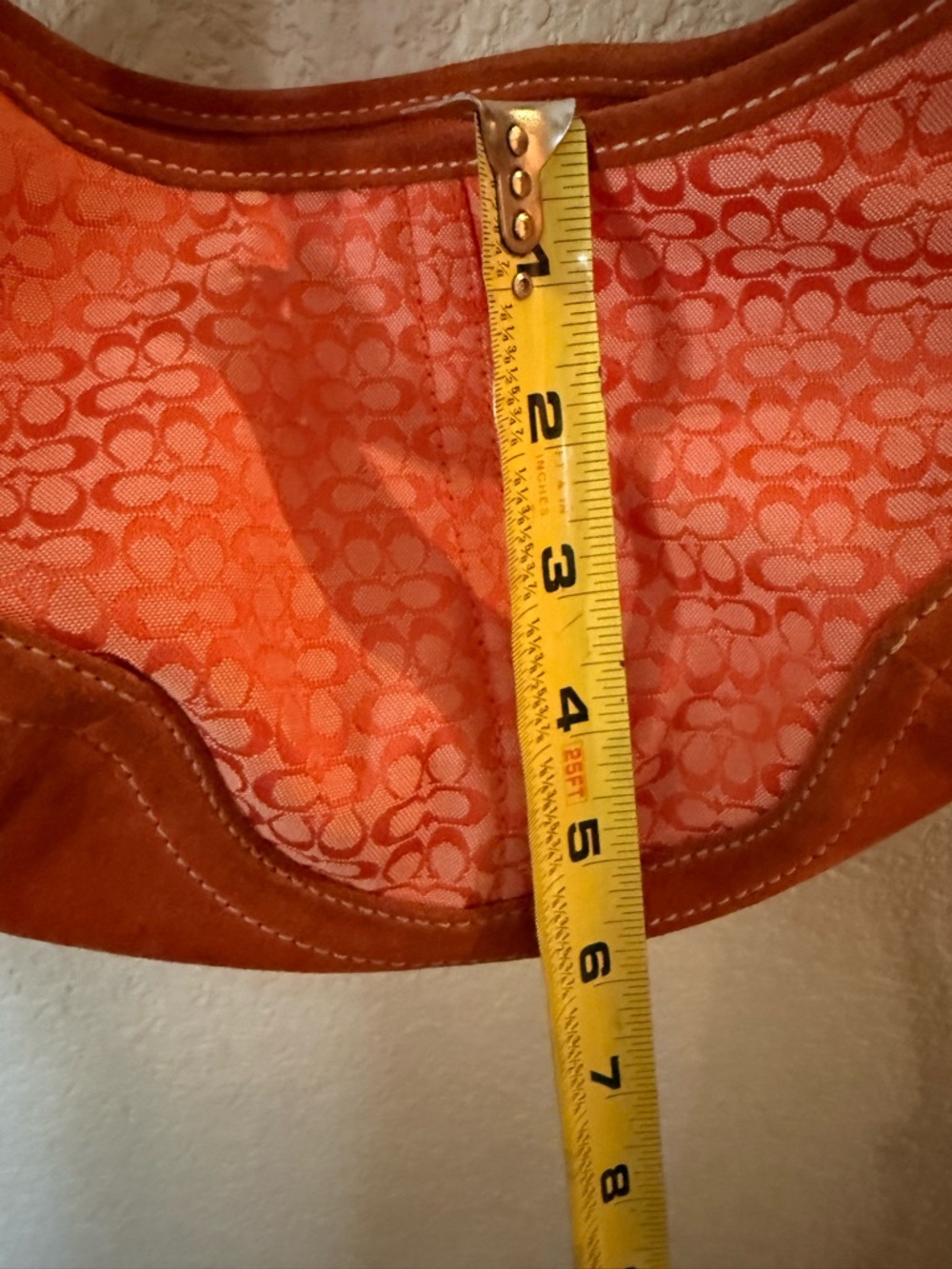 Coach Orange Signature-Pattern Shoulder Bag w/ White Strap & bi-colored hang tag - Picture 5 of 9